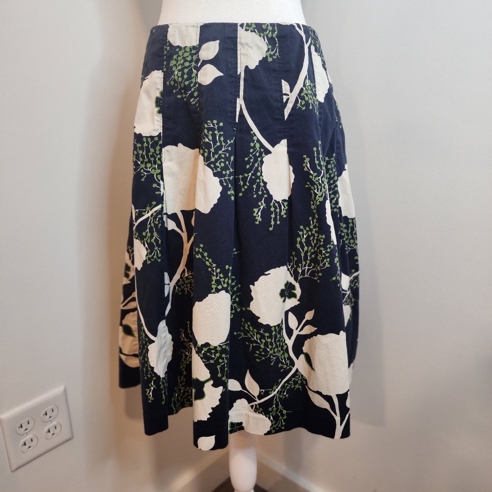 Talbots Womens 8 Navy Floral Cotton Aline Midi Skirt Pleated